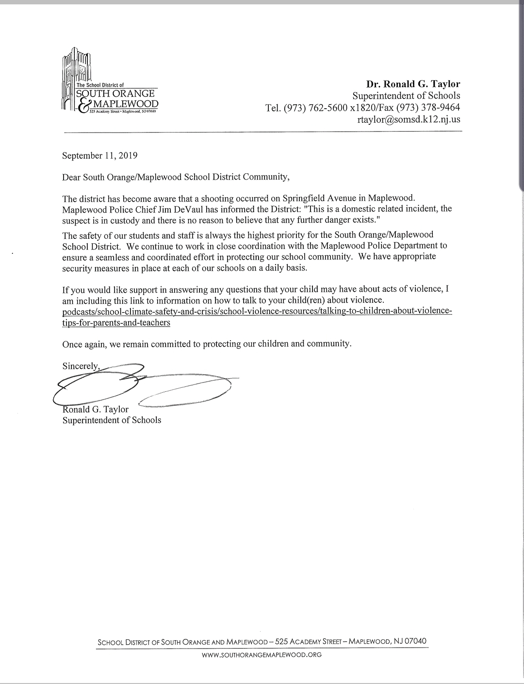 Shooting on Springfield Avenue - Letter from Superintendent